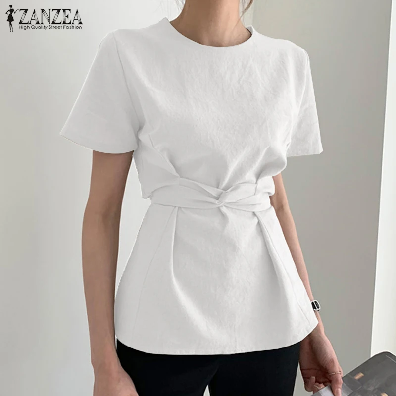 

Tunic Blusa Femininas ZANZEA Women Summer Short Sleeve OL Blouse Casual Loose Solid Work Shirt Summer Elegant Belted Cotton Tops