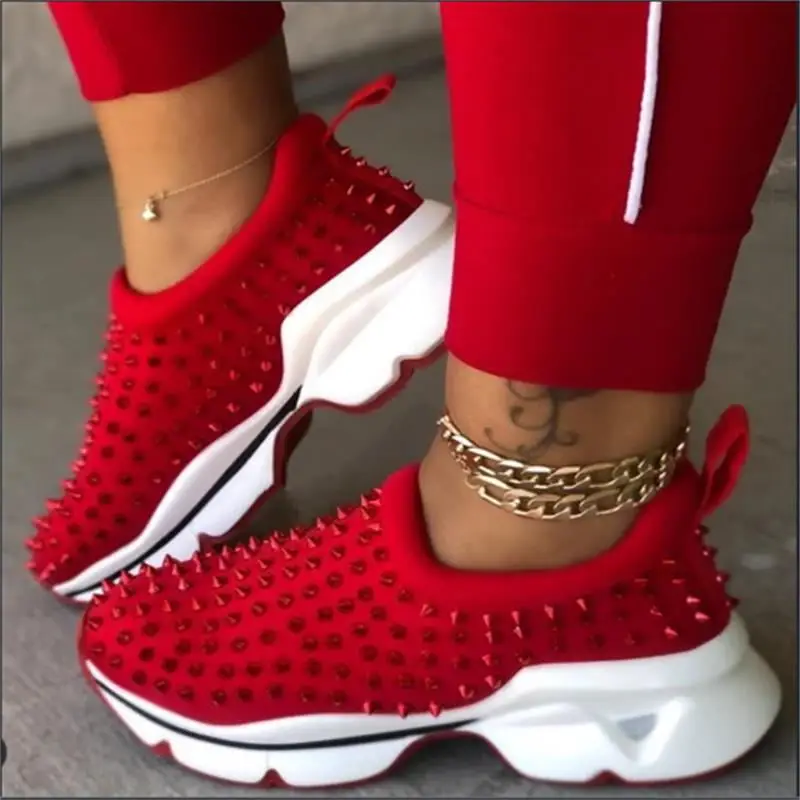 

Popular fashion casual shoes Women Shoes Lace Up Casual Flat Loafers Silver Rivets Toe Cap Sneakers red sneakers women