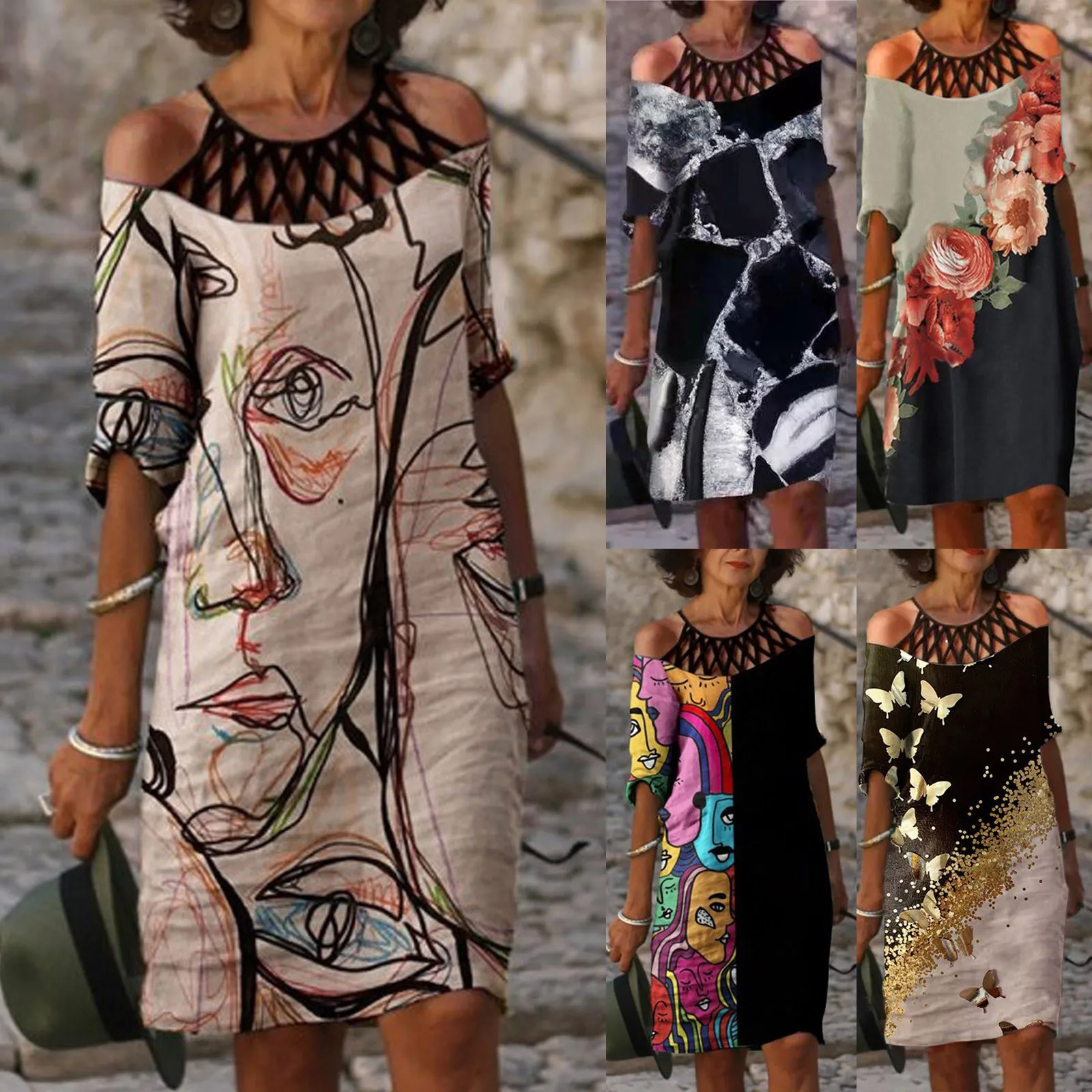 

59# Beach Mini Dress Woman O Neck Half Sleeve Hollow Out Party Dresses Casual Print Sundress Holiday Boho Summer Women's Dress