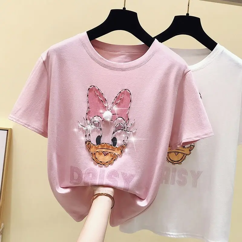

Pure Cotton Short-sleeved Women's T-shirt Summer 2021 New Women's Beaded Duck Print Top Woman Tshirts