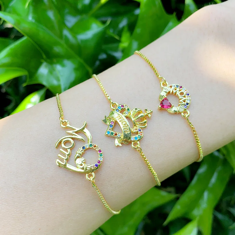 

Rainbow MaMa MoM Bracelet Letters For Women Crystal Zirconia Crown Heart Charm Bracelets Gold Rainbow Jewelry Women Gifts brtc29