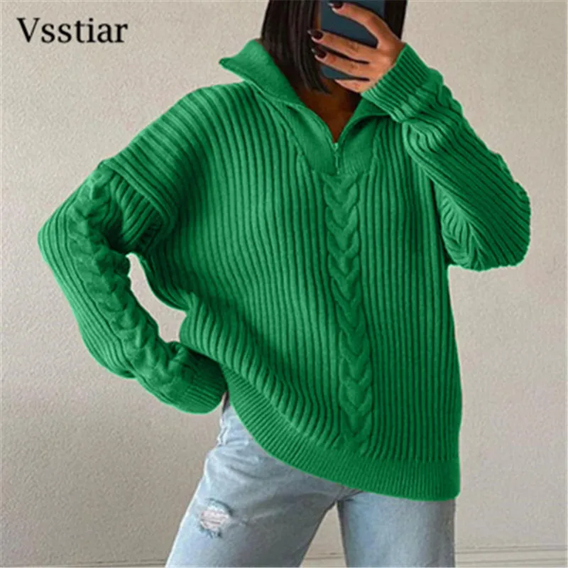 

Vsstiar Polo Collar Sweaters Women Long Sleeve Knitwear Casual Oversize Pullover Fashion Zipper Female Autumn Winter Top Jumper