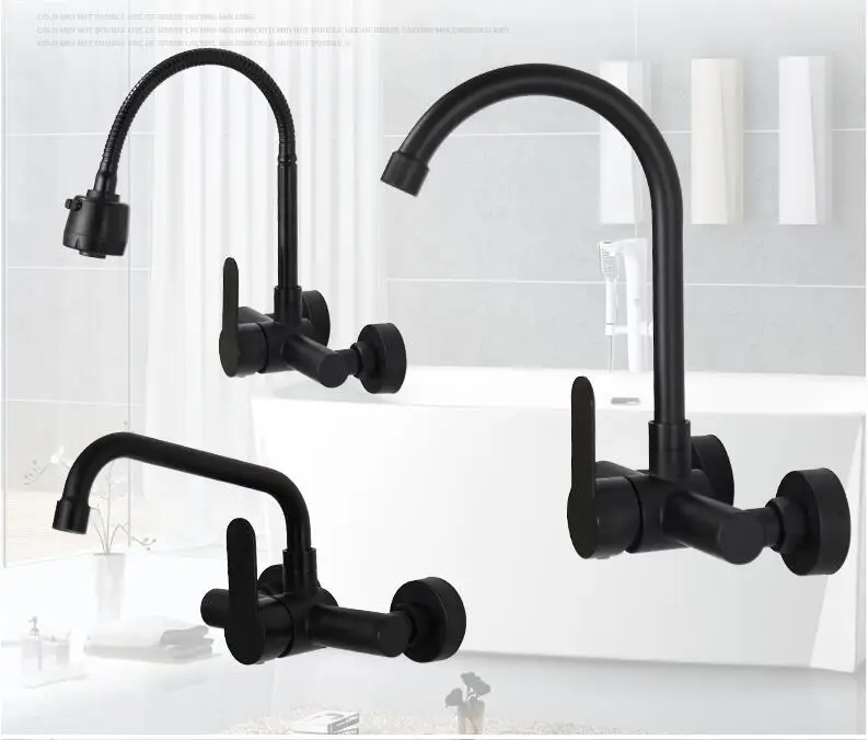 Stainless steel Wall Mounted Kitchen Faucet Kitchen Mixers Kitchen Sink Tap 360 Degree Swivel Flexible Hose Double Holes