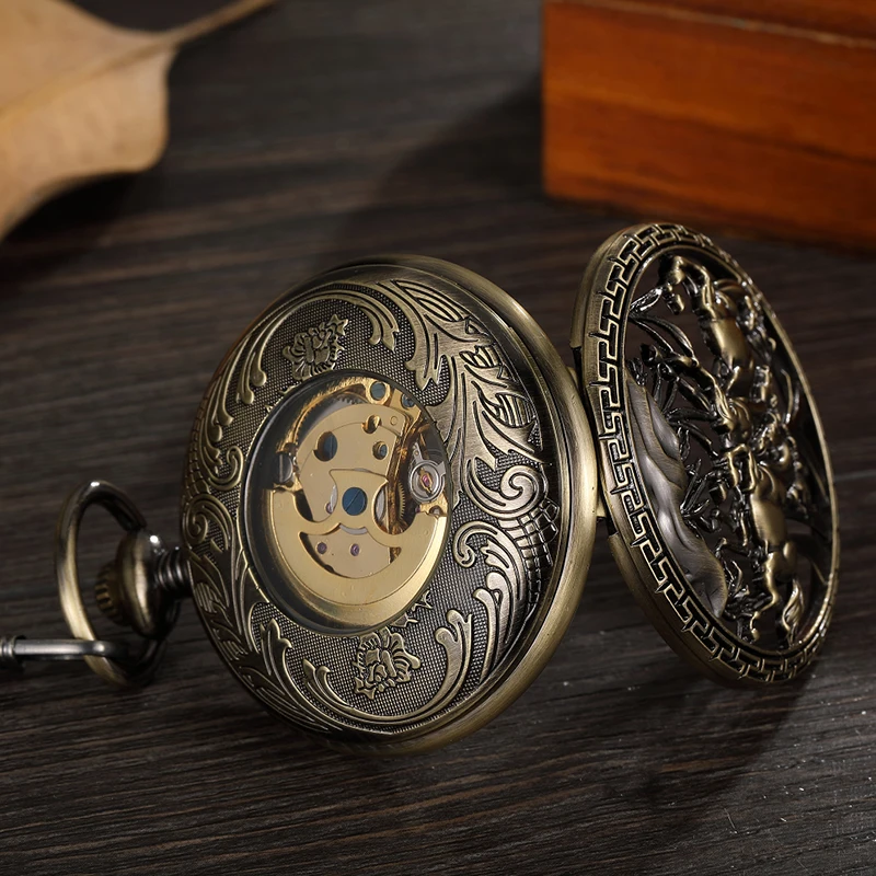 Mechanical Pocket Watch Antique Skeleton Bronze Body Fob Chain 2 Running Horse Engraved Clock with Gift Box for Men Dropshipping