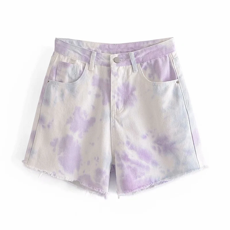 

Women Summer Fashion Denim Shorts 2021 Tie dye ZA Buttons Pockets Vintage Casual Female Street Shorts Botton Clothing