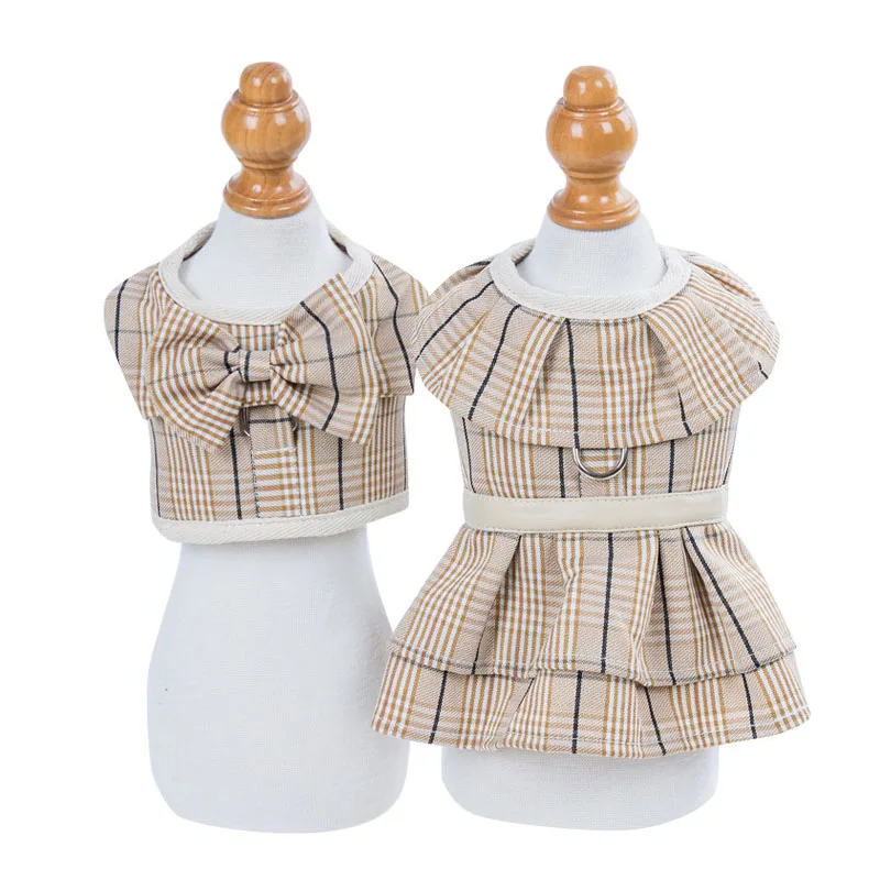 Новое платье для собак и кошек одежда с поводком дышащая сетчатая клетчатая юбка