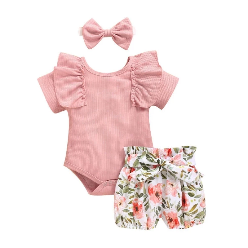 

2021 Boho Style Summer Toddler Infant Baby Girl Cotton Casual Outfits Ruffle Short Sleeve + Floral Shorts +Headband 3pcs Set