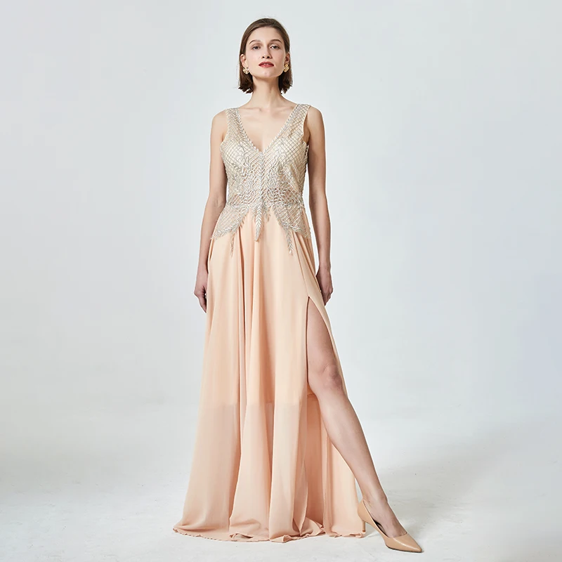 Женское вечернее платье с V-образным вырезом без рукавов аппликацией | Свадьбы и