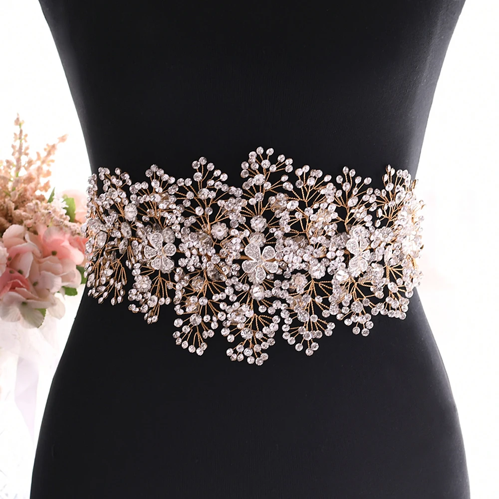 

TRiXY SH240-G Золотой горный хрусталь пояс цветочный свадебный пояс роскошный прозрачный кристалл, свадебный пояс из бисера свадебный пояс ювели...