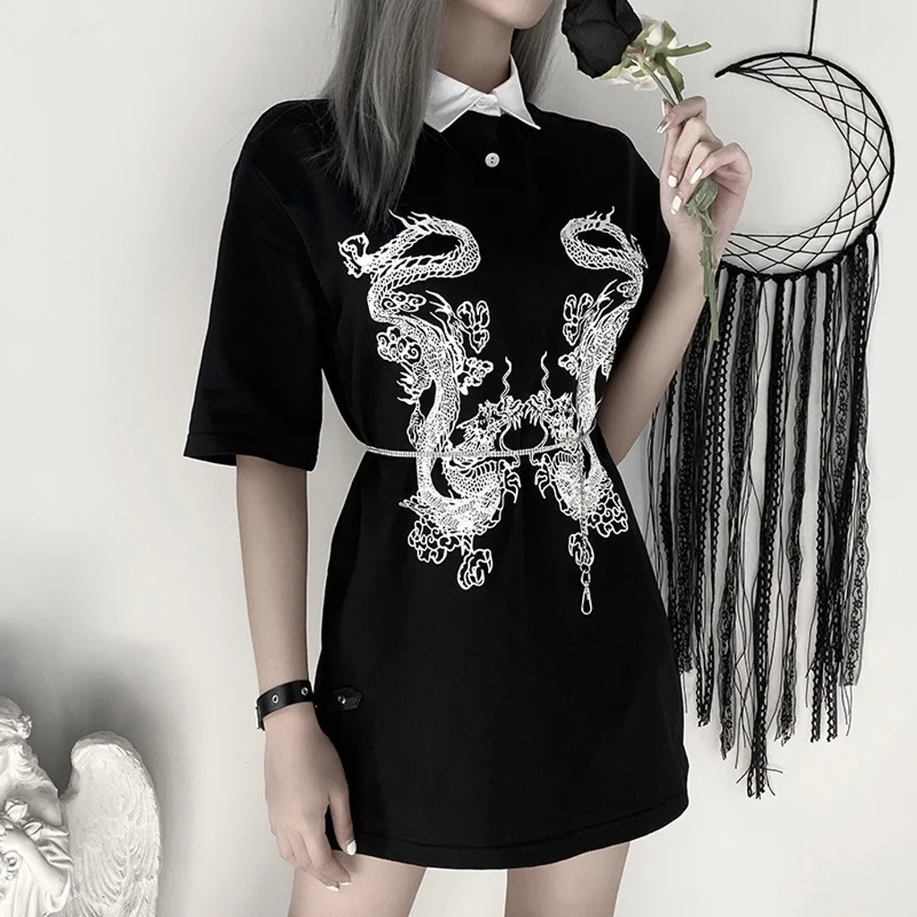 

Women Summer Tops Chinese Dargon Gothic Short Sleeve Loose Long T-shirt Blouse camisetas de mujer Ropa mujer