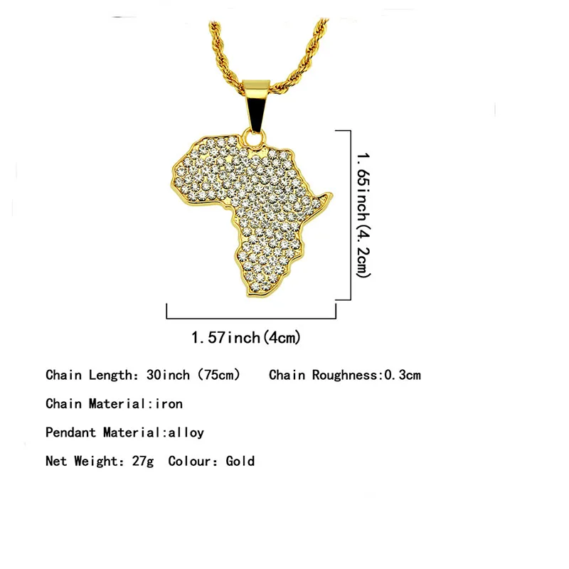 

Africa Map Pendant Necklace Iced Out Shining Bling Zircon Gold Color Rhinestone Necklace Rope Chain Charm Men Hip Hop