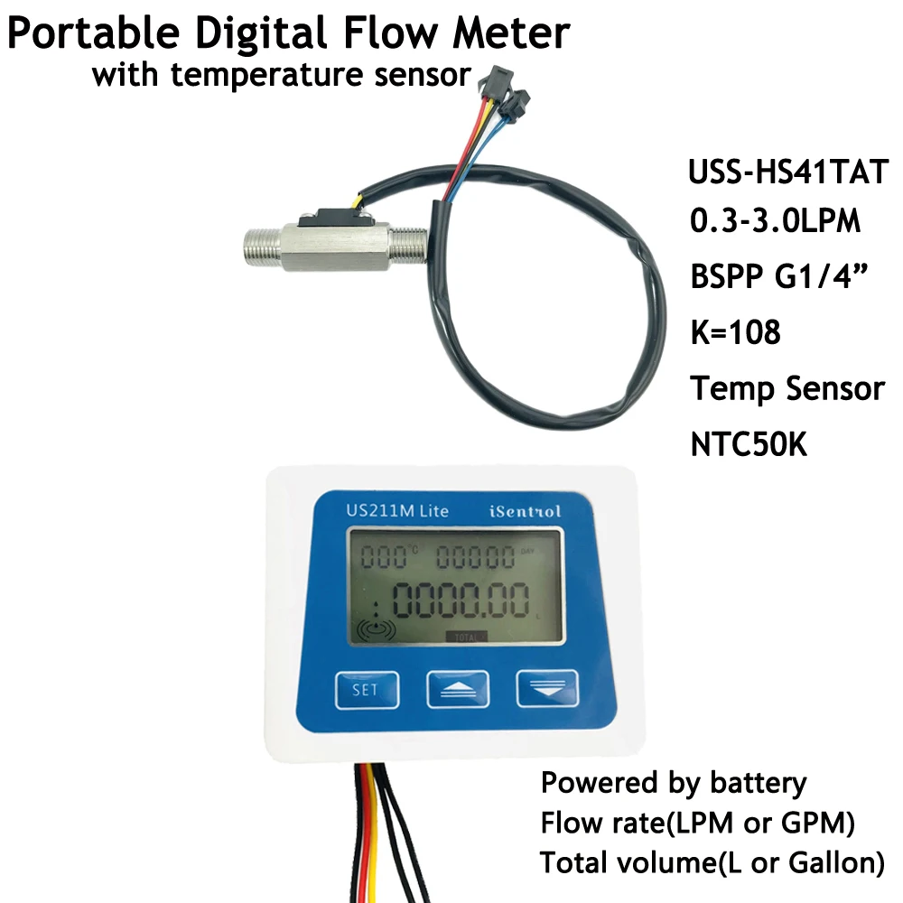 

Flowmeter Turbine US211M Lite Digital Flow Meter USS-HS41TAT 0.3-3LPM 5V Flowreader with Temperature Sensor NTC50K Integrated