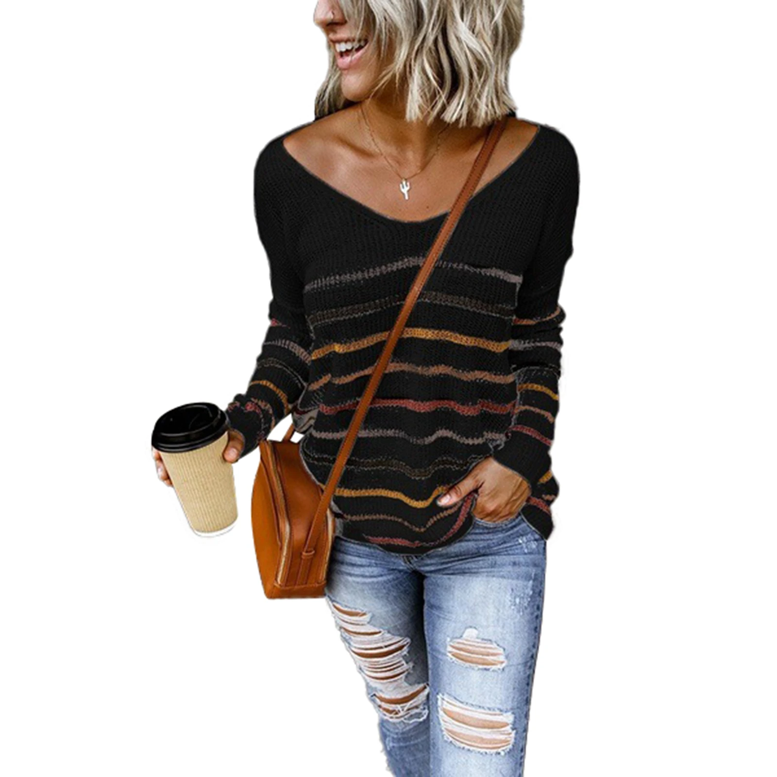 

Women Loose Knitted Sweater, Autumn and Winter Long Sleeve V-neck Striped Pullover