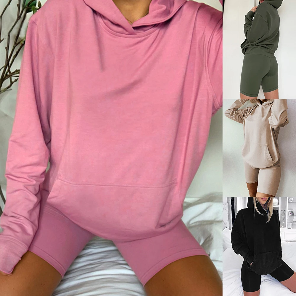 

Biker Shorts Hoodies Sweatshirt Set Oversize Joggers Suit Two Piece Outfits Set Clothes For Women Ladies Tracksuit Sweat Suit