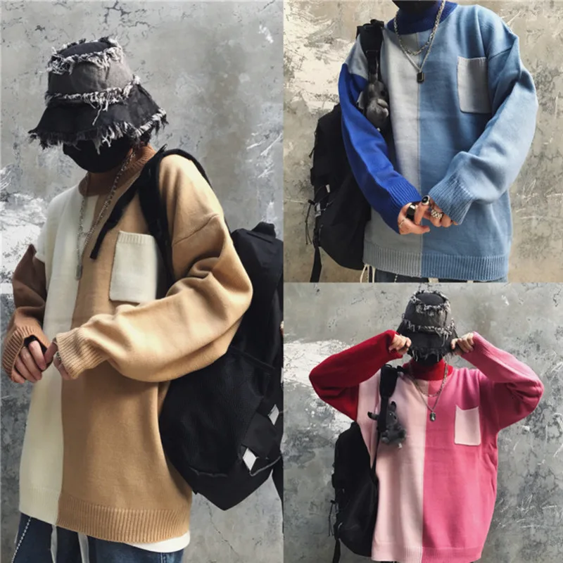 Winter Turtleneck Sweater Men's Warm Fashion Contrast Casual Knit Pullover Men Streetwear Hip Hop Knitting Sweaters Male Clothes
