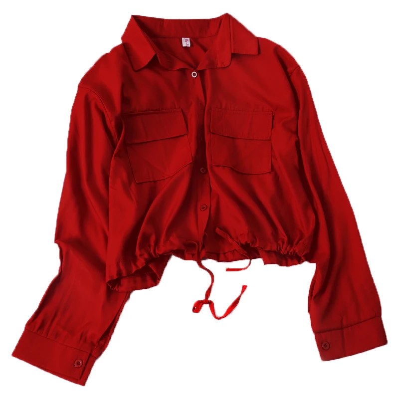 

2019 autumn outfit is brief paragraph cardigan lapel pocket western style shirt draw string high-waisted jacket shirt