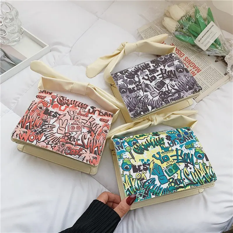 

Small design summer patchwork color texture pattern tide fashion bag women new bow all match shoulder bag handbag