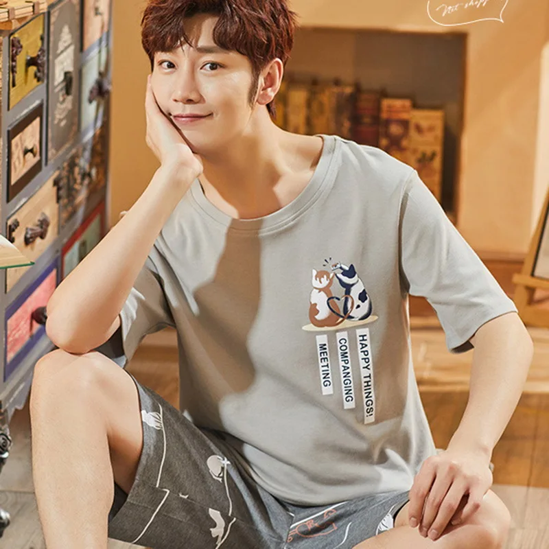 

Casual Men Pajamas Sets 2pcs Summer Cotton Short-sleeved and Shorts Pajamas Set Home Suit Multi Styles Plus Size