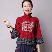 cheongsam women plus size tops 2021 autumn cotton linen embroidery prints splicing stand collar chinese style qipao shirts woman