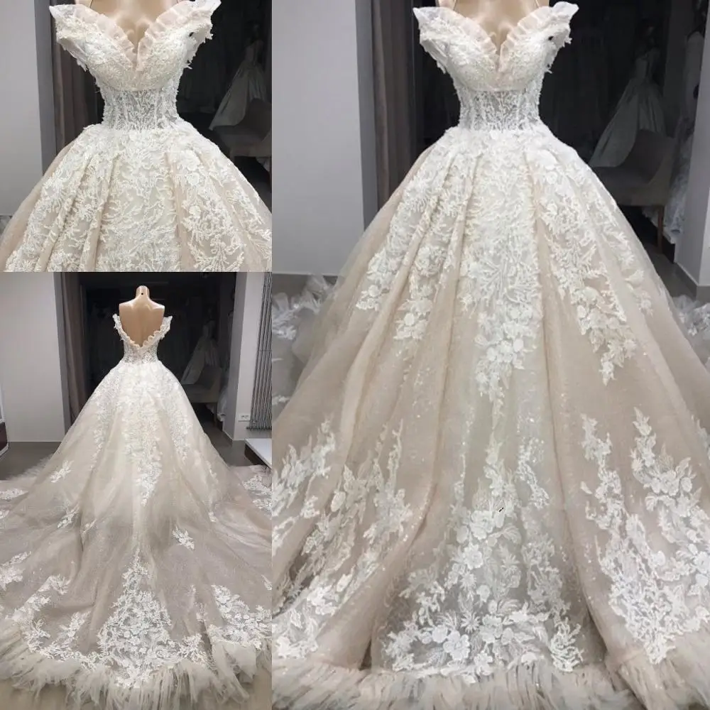 

Off Shoulder Ball Gown Wedding Dresses 2020 Modern Lace Applique Ruffles Cathedral Train Princess Garden Bride Wedding Gown