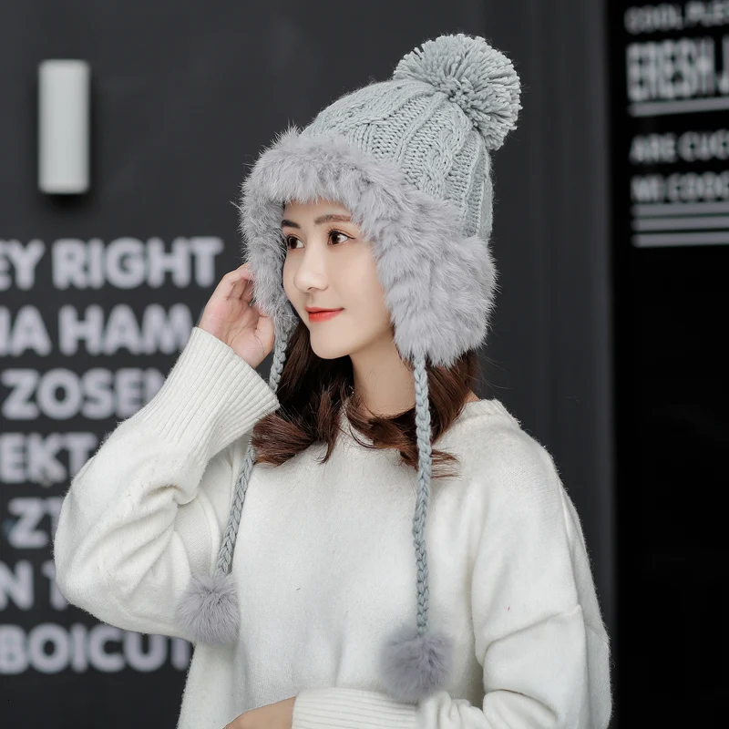 Простые шапки-ушанки женская вязаная шапка из натурального кроличьего меха с