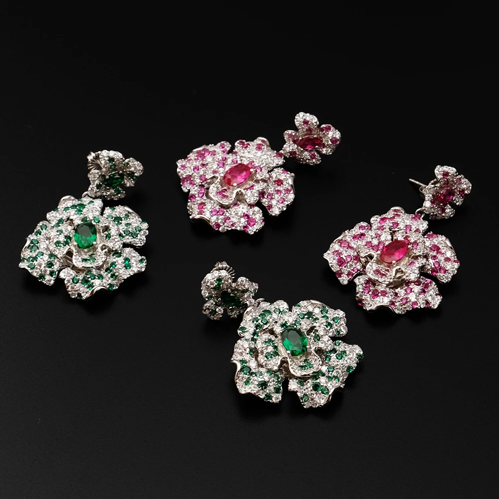 

Amorita Boutique Flower Emerald Zircon Dangle Earrings For Wedding Party Dinner Luxry Earrings