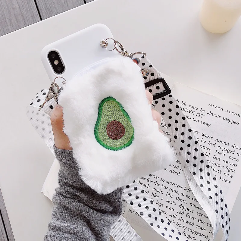 Для iPhone 11 Pro Xs Max Xr X 8 7 6s 6 Plus Мягкие плюшевые фрукты, авокадо персик Портмоне Кошелек Мягкий силиконовый чехол сo шнуром ремешок на шею, через плечо