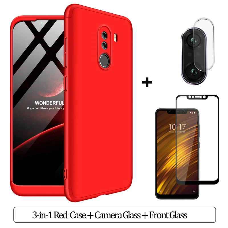 3-in-1 Red Case 3-в-1 Стекло+ бронированный чехол для телефона xiaomi pocophone F1 case 360 Жесткий ПК анти-противоударный бампер чехол pocofone f1 оригинальным стеклянным корпусом xiaomi pocophone f1 чехол на Покофон Ф1 чехол - Цвет: 3-in-1 Red Case