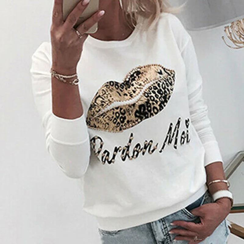 Women Sequins Lips Print Fashionable Sweatshirt Autumn Leopard Long Sleeve Beading Hoodie Lady O-neck Kawaii Sweatshirt Hoodies