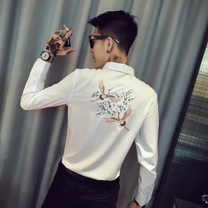 Crane Embroidered Shirt for Men Long Sleeve Casual Business Dress Shirts Fashion Social Party Nightclub Streetwear Male Clothing