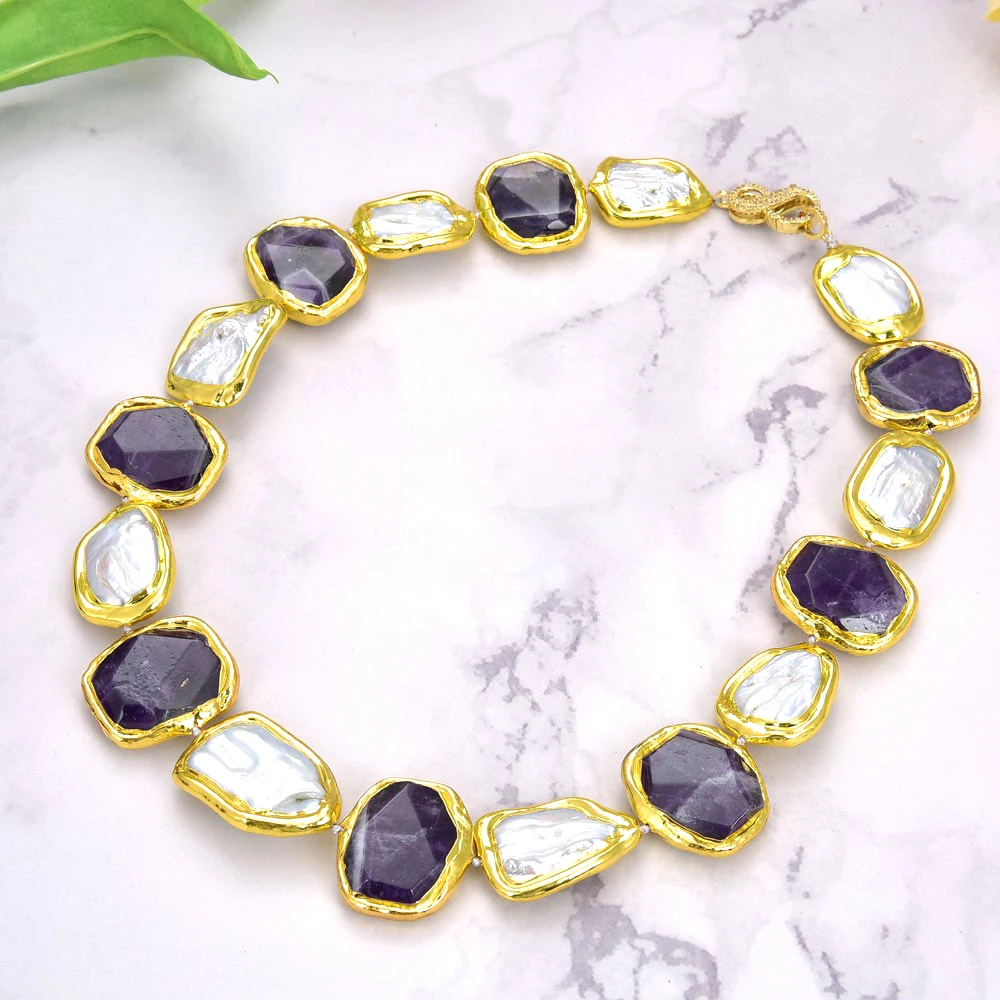 

Cultured Rectangle White Keshi Pearl Amethyst With Gold Plated Necklace 19"