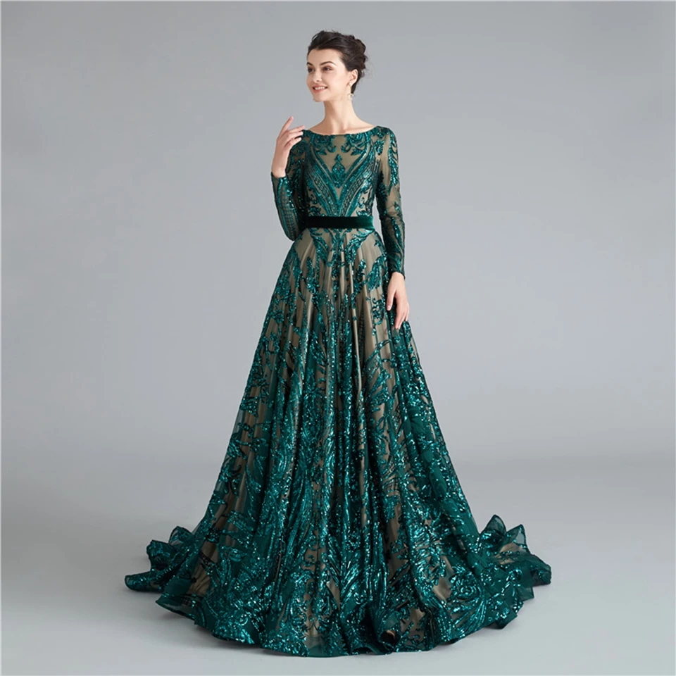 Lakshmigown Dubai Muslim Evening Party Gowns Dresses Burgundy Elegant Arabic Women Sequins Prom Dresses Long Sleeves - Цвет: Зеленый