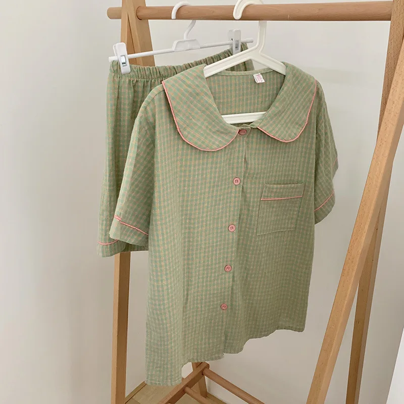 

Pajamas for women new doll collar sweet girl's sleepwear set full cotton home clothes retro plaid top + shorts two piece pijama