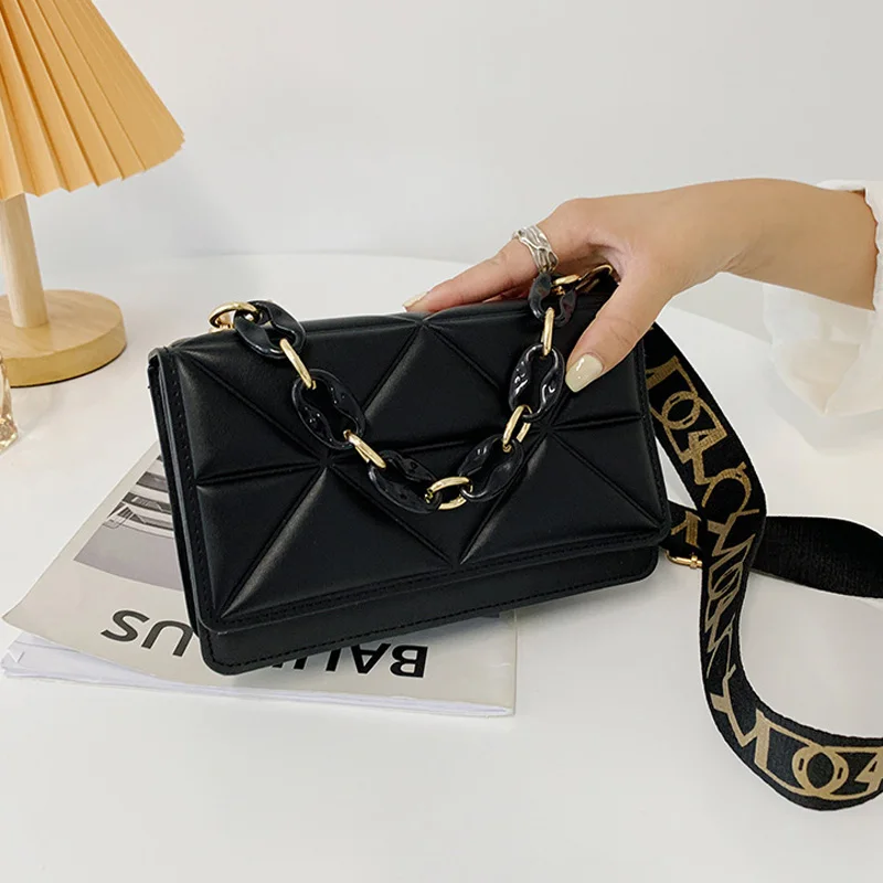 new wide strap shoulder bag solid square crossbody bags for women fashion design handbags chain female cross body free global shipping