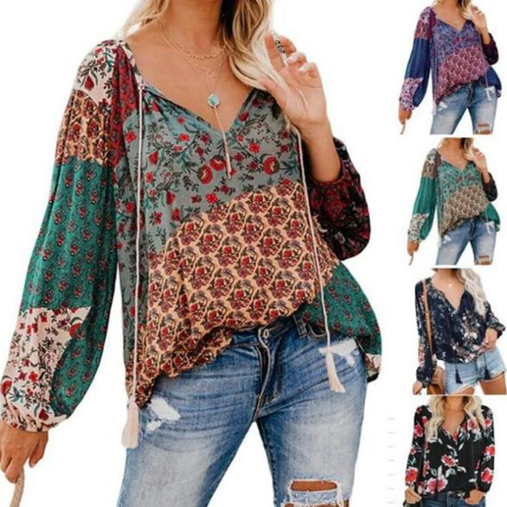 Женская блузка с цветочным принтом V образным вырезом и длинным рукавом|Блузки| |