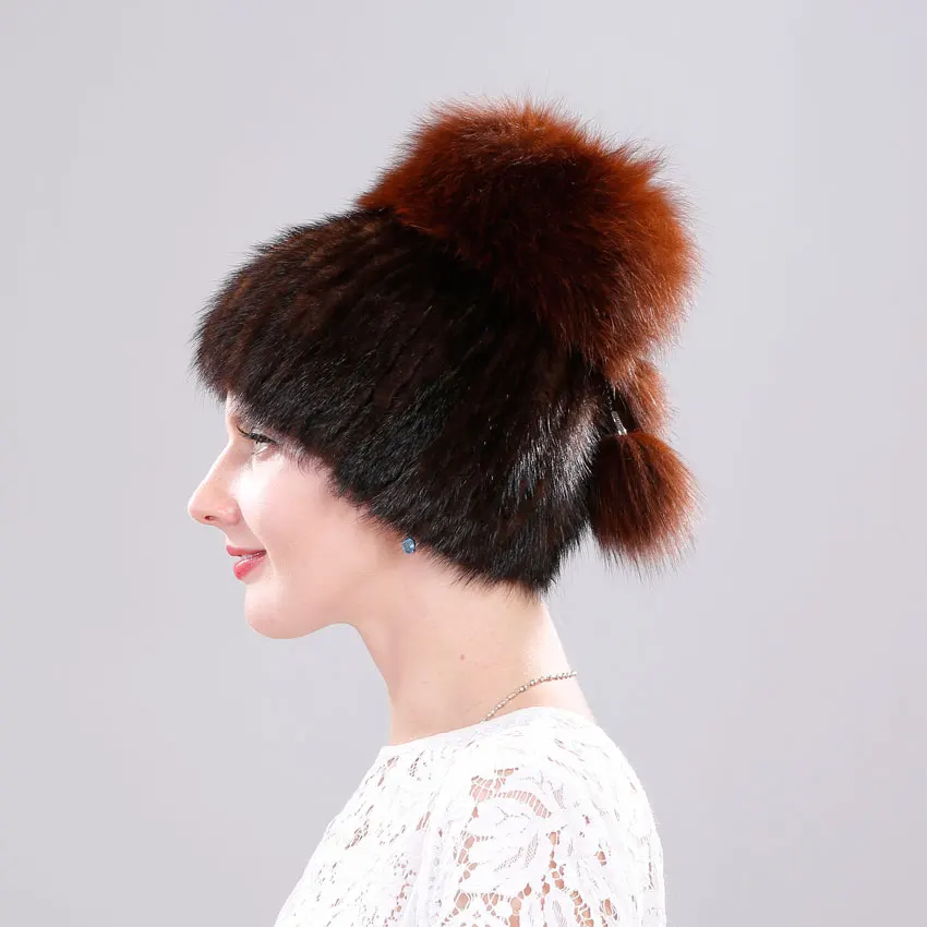ICYMI Women's Elastic Knitted Hats Real Mink Fur Beanies with Fox Pom handmade Winter Cap Russian Hat for Women | Аксессуары для
