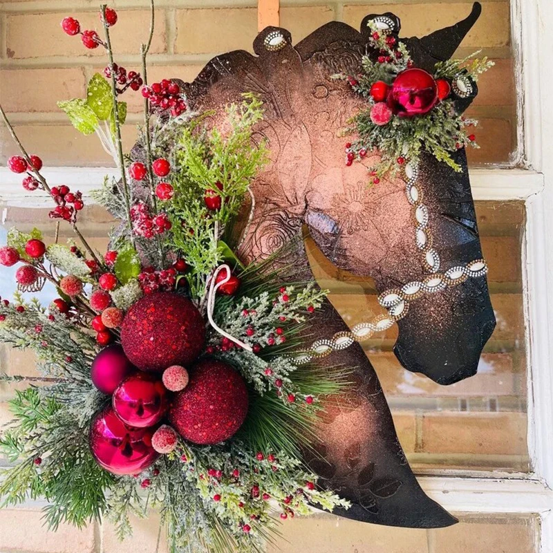 

Новинка 2022, Рождественская деревянная подвеска для двери в виде головы лошади, подвесное украшение для входной двери, праздничное домашнее украшение, рождественская подвеска