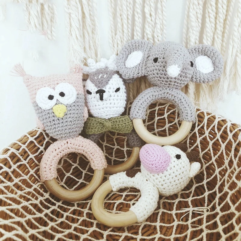 1pc Baby Wooden Teether Natural Teething Grasping Toys Mobile Pram Crib Ring Crochet Rattle Soother Nursing Educational | Игрушки и