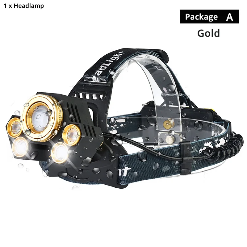 Package A-Gold Мощный светодиодный налобный фонарь вращающийся зум водонепроницаемый головной светильник с использованием антибликовых линз белый/желтый/синий светильник 18650 для рыбалки - Испускаемый цвет: Package A-Gold