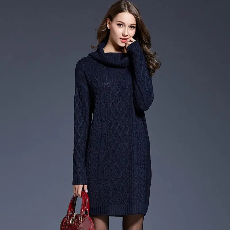 Винтажная водолазка длинный вязаный женский пуловер платье свитер ретро осень