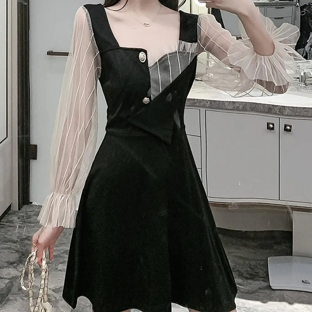 Женское винтажное платье средней длины элегантное черное с длинными