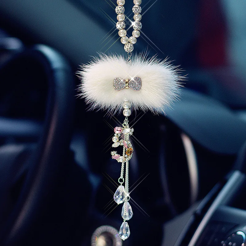 

Bling Car Pendant Crystal Rhinestone Bowknot Hanging Auto Rear View Mirror Ornament Interior Plush Decor Accessories Girls Gifts