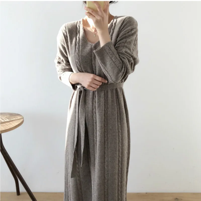 Женское платье свитер с V образным вырезом длинным рукавом и поясом|Женские