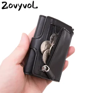 men rfid button credit card holder high quality metal aluminum auto pop up rfid blocking id card case black wallet coin purse free global shipping