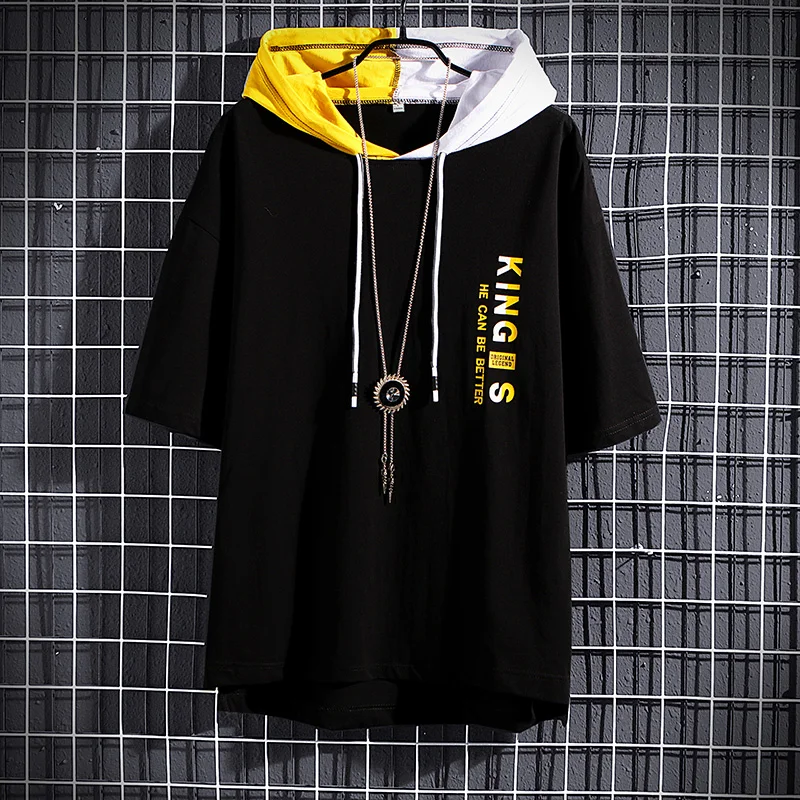 Мужская хлопковая футболка с коротким рукавом летняя капюшоном Повседневная