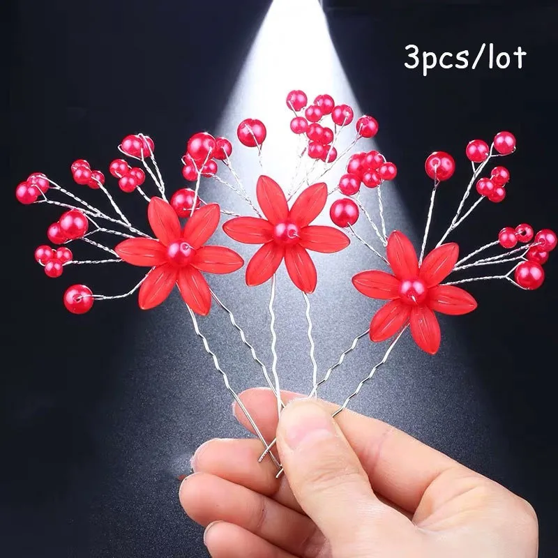 3PCS-Style D-Red М мизм свадебные цветочные палочки для волос жемчужные заколки для волос шпильки для девочек расчески для волос праздничные свадебные аксессуары для волос невесты - Цвет: 3PCS-Style D-Red