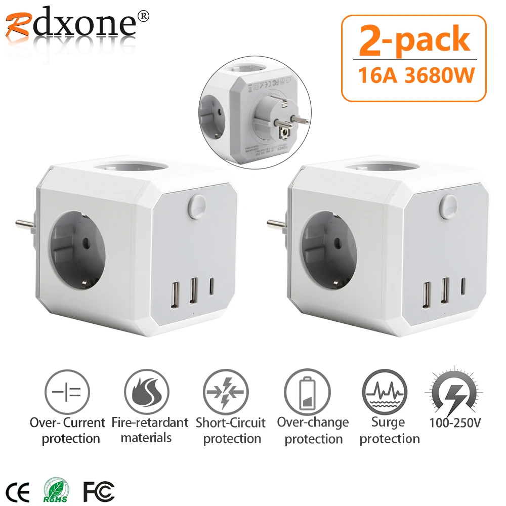 16A EU Plug Power Strip with Switch On/Off 1 TO 4 AC Outlets 3 USB Charging Ports Portable Multi Socket Adapter |