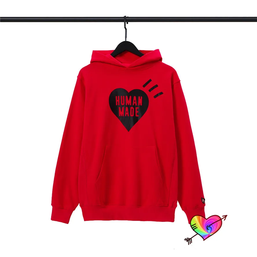 

Red HUMAN MADE Hoodie Men Women High Quality Black Heart Pattern Hooded HUMAN MADE Sweatshirts Cuffs Embroidered Duck Pullovers