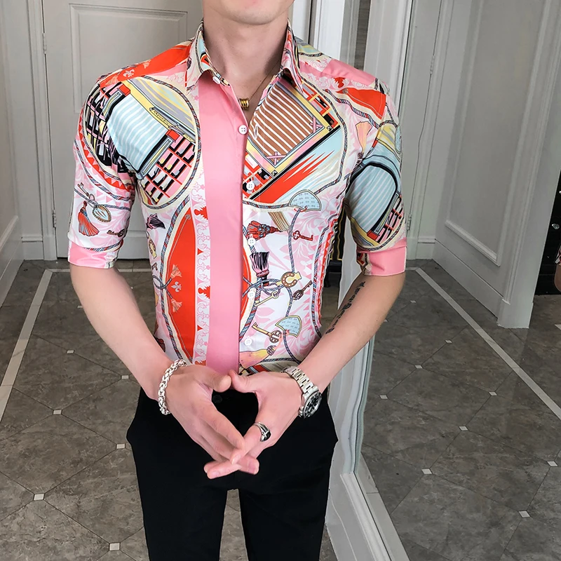 Мужская приталенная рубашка с принтом Повседневная белая полурукавами под