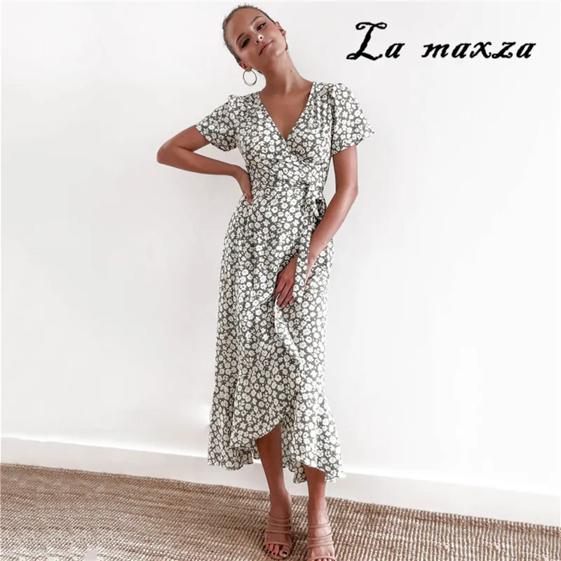 

Summer New Fashion Print Women Long Dress 2020 Casual Elegant V-neck Ruffles Slim Dress Women